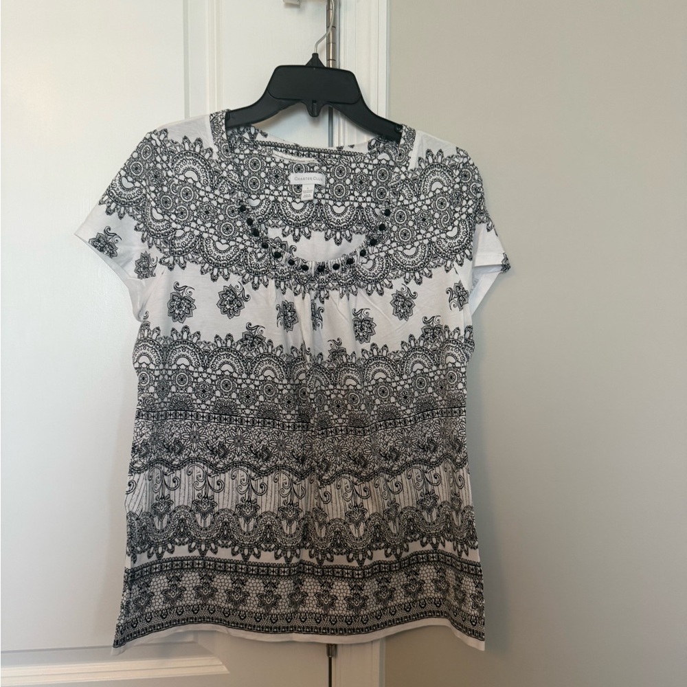 Charter Club Black and White Lace-Print Short Sleeve Top